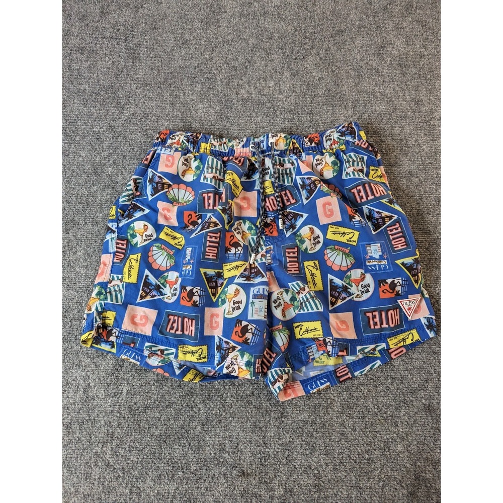 Guess Beach Hotel California Mens Blue Swim Trunks Shorts Medium, mesh Pockets